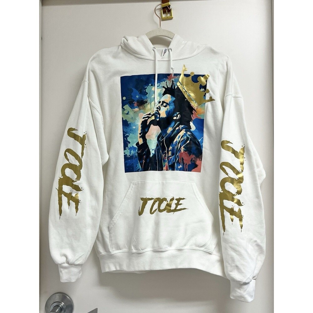J. Cole Metallic Gold Foil Art Hoodie White Jerzees Men's Size L (Fan Art)